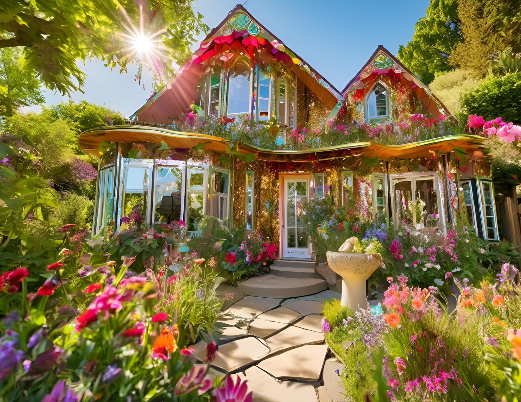 Exterior de una casa con jardín y espejos